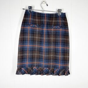 CaBi Greenish Brown Plaid and Ruffle Wool Blend Mini Skirt 2